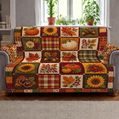 Personalized Autumn Paw Patchwork Sofa Cover with Pumpkin Gnome Design - A03