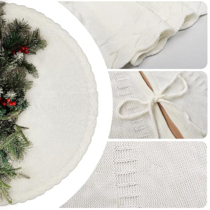 White 48 Inch Cream Knit Christmas Tree Skirt for 7-7.5 FT Trees, Boho Cable Knit Xmas Decor