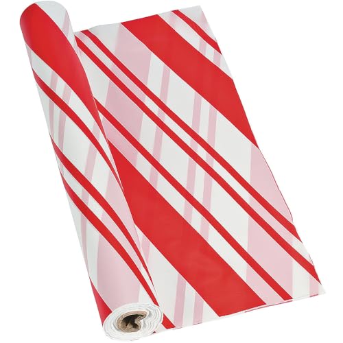Disposable Candy Cane Striped Plastic Tablecloth Roll - Christmas Party Decor