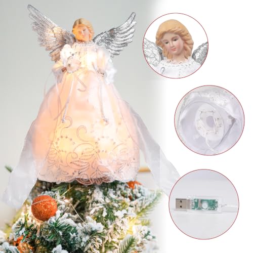 White Lighted Christmas Tree Topper Angel with 8 Lighting Modes - Elegant Holiday Decor