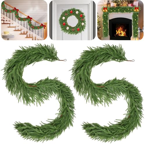 9 Ft Norfolk Pine Garland - Artificial Christmas Greenery, Real Touch Faux, 2 Pack