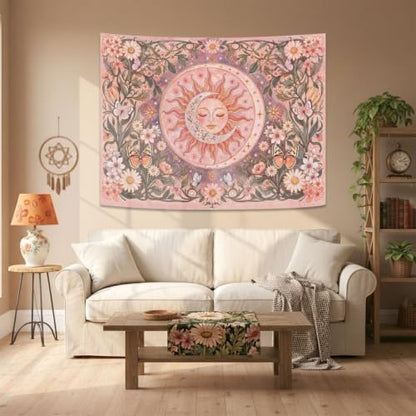 Pink Sun and Moon Boho Tapestry 48x36 Inch - Vintage Floral Wall Hanging