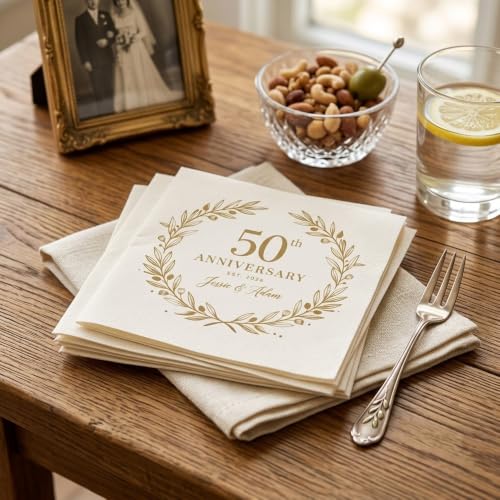 Personalized 50th Anniversary Napkins with Names and Date - Style 1 - Golden Wedding Party Decor