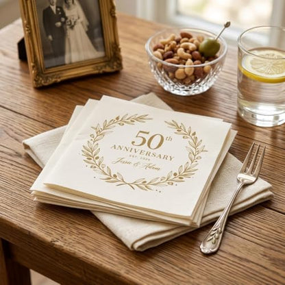 Personalized 50th Anniversary Napkins with Names and Date - Style 1 - Golden Wedding Party Decor