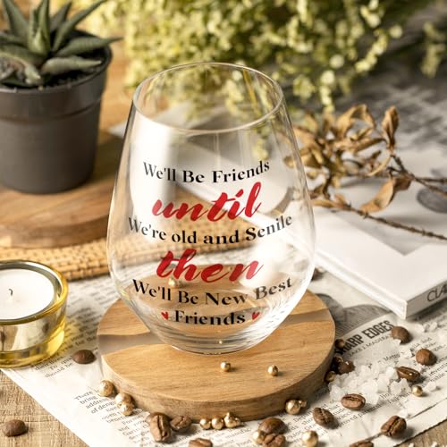 Funny Best Friends Wine Glass Gifts - We'll Be New Best Friends 15 OZ Stemless Glass for Women BFF Sister