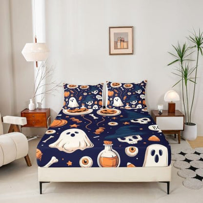 Kids Full Size Bat Ghost Halloween Bed Sheet Set Navy Blue Deep Pockets with Pillowcases