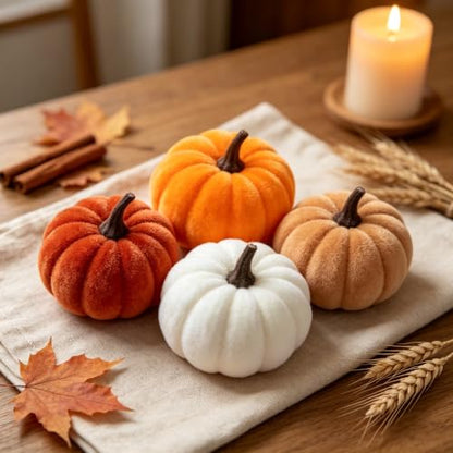 16Pcs Velvet Pumpkin Decor Set for Fall Halloween Thanksgiving - Realistic Plush Pumpkins
