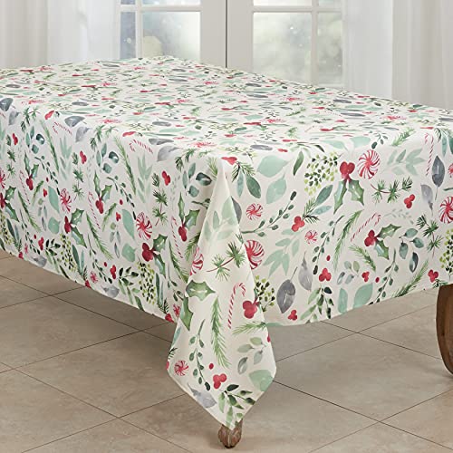 Christmas Foliage and Candy Canes Tablecloth 65x140 Inches - Holiday Decor