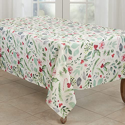 Christmas Foliage and Candy Canes Tablecloth 65x140 Inches - Holiday Decor