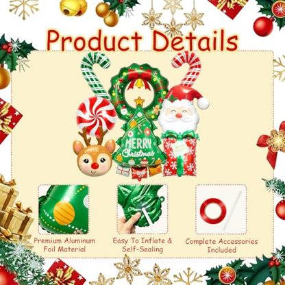 8Pcs Christmas Foil Balloons Set Reindeer Tree Santa Gift Wreath Candy Canes Indoor Holiday Decor
