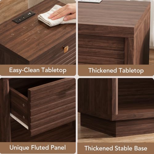 Fluted Nightstands Set of 2 with Charging Station & Drawer, Walnut – 23" Wide Bedside Tables