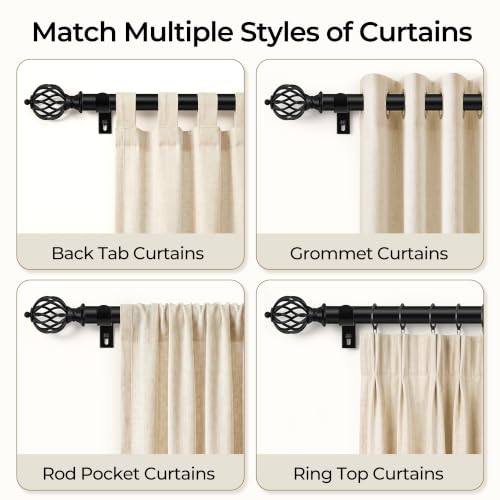Heavy Duty Adjustable Black Curtain Rod 32-60 Inch - Modern Metal Finials