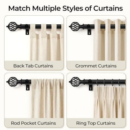 Heavy Duty Adjustable Black Curtain Rod 32-60 Inch - Modern Metal Finials