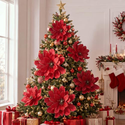 Artificial Christmas Poinsettia Flower Set - Red & Gold, 16 & 12 Inch