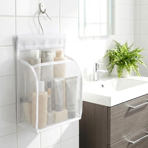 Mesh Shower Caddy Hanging Organizer with Hooks, White Bathroom Storage