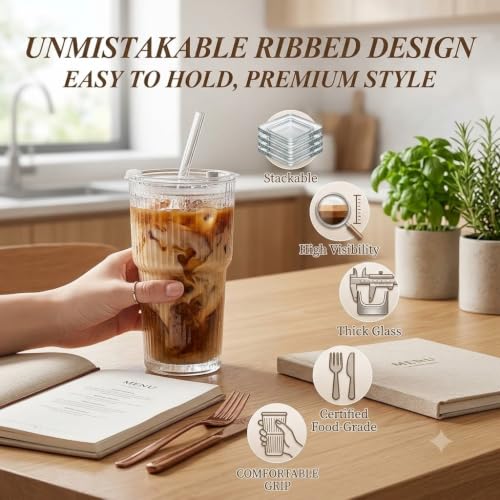 4 Pack 20oz Ribbed Glass Iced Coffee Cups with Lids & Straws - Clear
