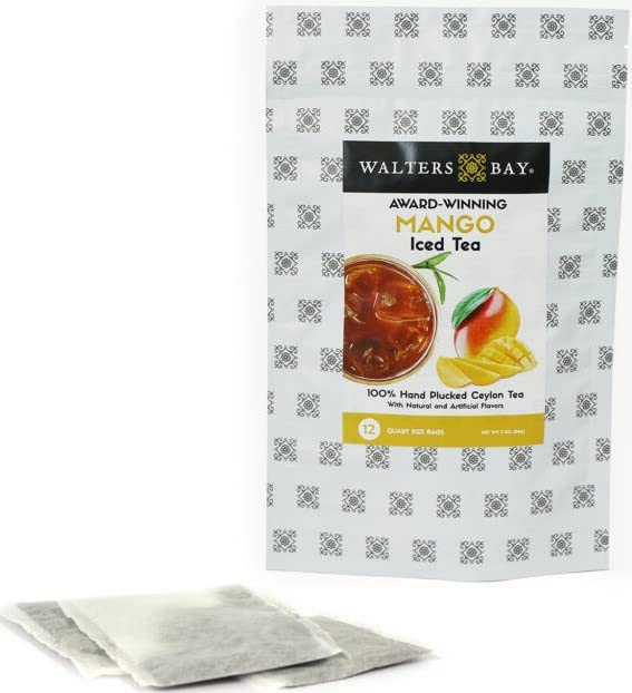 Walters Bay Mango Iced Tea, 12 Count, Quart Sized Tea Bags, Ceylon Tea, Unsweetened, Luscious Mango Fruit Flavored, 100% Hand Plucked, Black Tea, Sri Lankan Tea