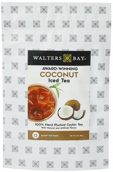 Walters Bay Coconut Iced Tea - 12 Quart-Sized Tea Bags, Ceylon Tea, 100% Hand Plucked, Black Tea, Unsweetened, Tropical Coconut Flavor