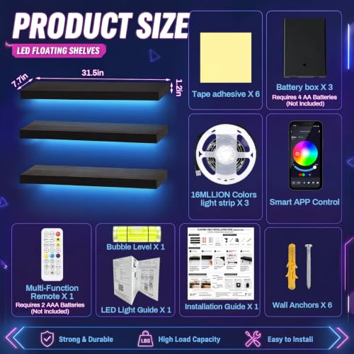 31.5 Inch Solid Wood RGB LED Floating Shelves with Remote - Black