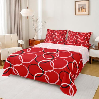 Manfei Abstract Circles Bed Sheets Queen Size - Bright Red Geometric Bedding Set with Fitted, Flat & Pillowcases