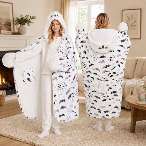 Wearable Snowy Owl Hooded Blanket for Winter Cozy Comfort - Multicolor