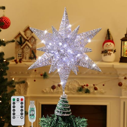 A-Silver 15-Inch Lighted 3D Moravian Star Christmas Tree Topper - Silver