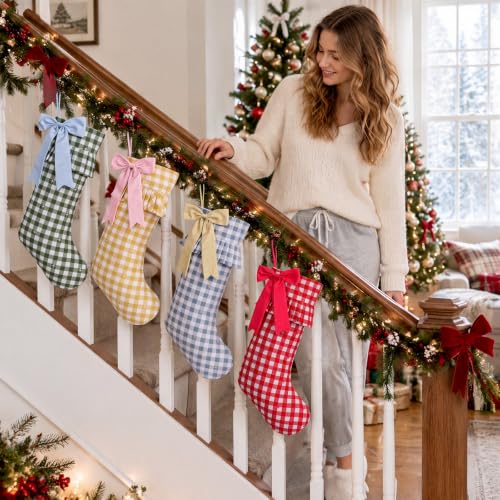 Christmas Gingham Stockings with Bow Set - 18 Inch Holiday Decor, Red, Green, Yellow & Gray