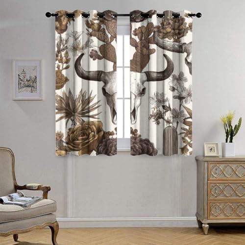 Retro Western Bull Skull Thermal Insulated Grommet Curtains - 21W x 63L Set of 2