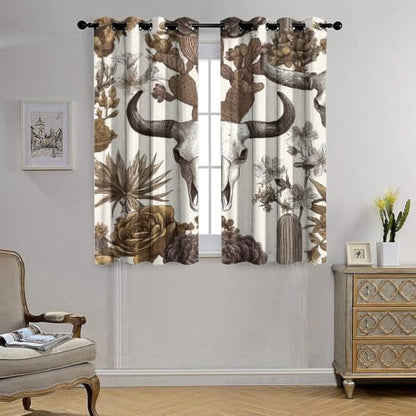 Retro Western Bull Skull Thermal Insulated Grommet Curtains - 21W x 63L Set of 2