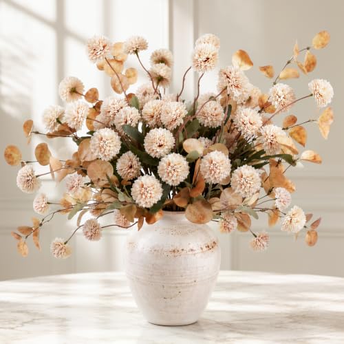 Artificial Flowers Set - 12Pcs Faux Silk Pompon Mums & Eucalyptus Beige