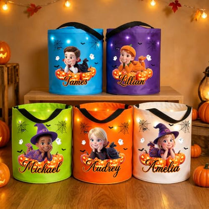 Personalized Halloween Cartoon Character Pumpkin LED Light Bucket for Kids