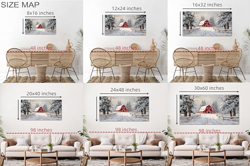 Winter Scene Canvas Wall Art - Farmhouse Rustic Red Barn Snowy Landscape, 15 x 24 Inches - Holiday & Seasonal Decor