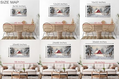 Winter Scene Canvas Wall Art - Farmhouse Rustic Red Barn Snowy Landscape, 15 x 24 Inches - Holiday & Seasonal Decor