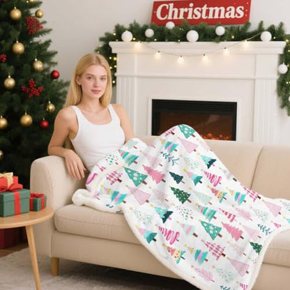 Pink Christmas Tree Throw Blanket - 50x60in Soft Warm Holiday Home Decor - Pink / 50x60 IN