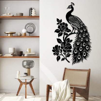 Peacock Metal Wall Art with Peonies - Black, 30 x 19 inches Wall Decor