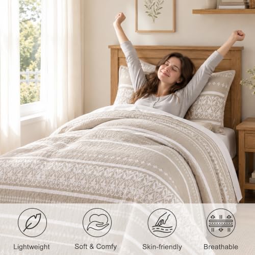 Boho Beige Twin Cotton Quilt Bedding Set 3PCS with Pillow Shams