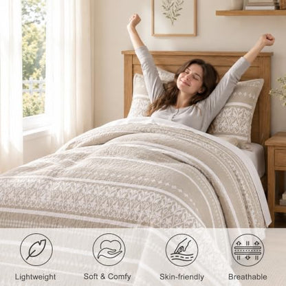 Boho Beige Twin Cotton Quilt Bedding Set 3PCS with Pillow Shams