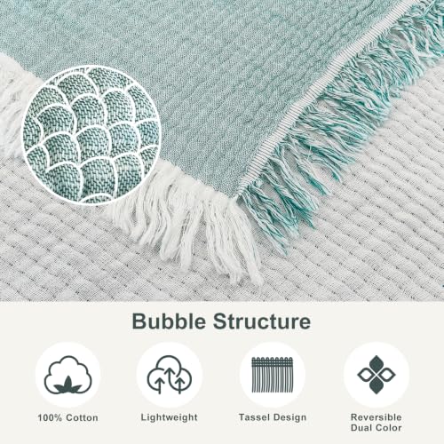 Teal Cotton Throw Blanket with Tassels - 50x60 Inches, Reversible Boho Decor