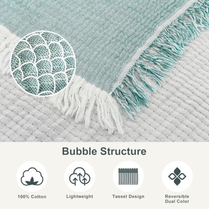 Teal Cotton Throw Blanket with Tassels - 50x60 Inches, Reversible Boho Decor
