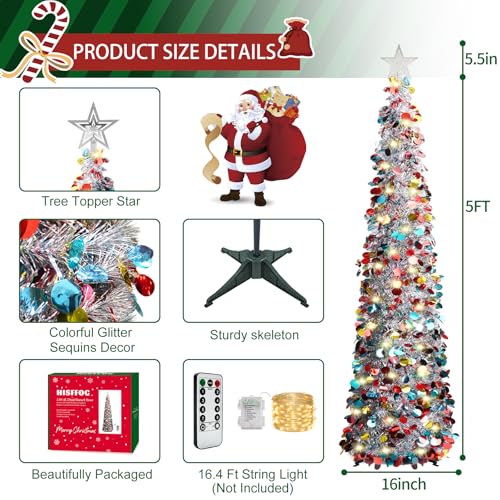Pop Up Christmas Tinsel Tree with Remote Lights - Collapsible Silver 5FT