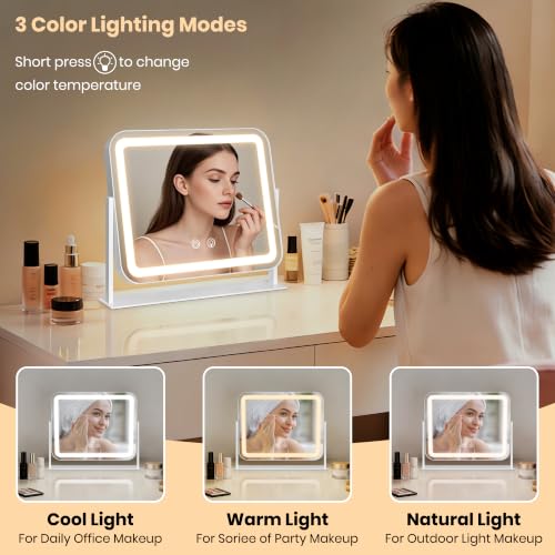 White LED Lighted Makeup Mirror 13.8x11.4 Inches Touch Screen Dimmable Vanity with 3 Color Lighting & 360° Rotation