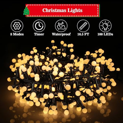 16Ft Battery-Powered Christmas String Lights with 100 LEDs & 8 Modes - Warm White