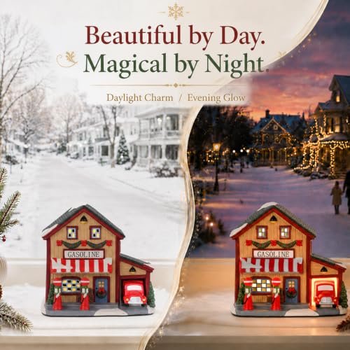 Christmas Village Houses Lighted Gas Station Ceramic Decor - Gasoline Variation