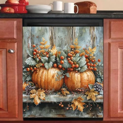 Autumn Harvest Pumpkins Magnetic Dishwasher Door Cover - 23 x 26 Inches, Fall Red Fruits Design