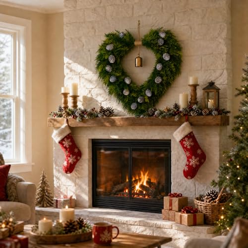 Green Heart Shaped Christmas Wreath with Gold Bells - 22 Inch Holiday Decor