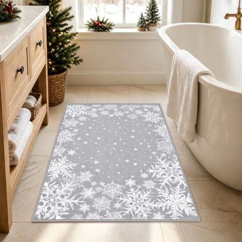 Grey Christmas Snowflake Entrance Rug 2x3 Indoor Door Mat, Non-Slip Cushioned
