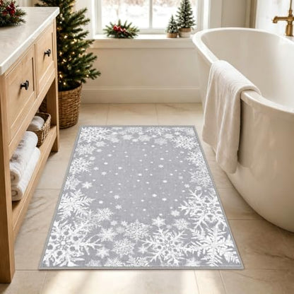 Grey Christmas Snowflake Entrance Rug 2x3 Indoor Door Mat, Non-Slip Cushioned