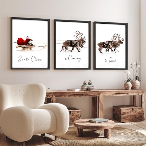 Christmas Wall Art Set of 3 Santa Claus with Sleigh Deer Framed 16x24 Black