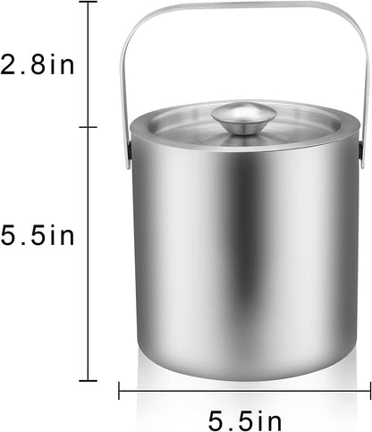 Mini Ice Bucket Portable Double Wall Ice Bucket with Tong,Stainless Steel Hotel Bucket/Champagne/Beverage Bucket,Size 1.3 Liters 5.5 x 5.5 in,Serveware for Party,Event,and Camping.