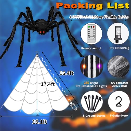 Outdoor Halloween Spider Web Lights with 250 LEDs and Purple Spider - Dark Purple Web Edition